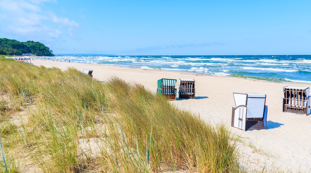 Traditional wicker chairs on sandy beach in Baabe town, Ruegen island, Baltic Sea, Germany