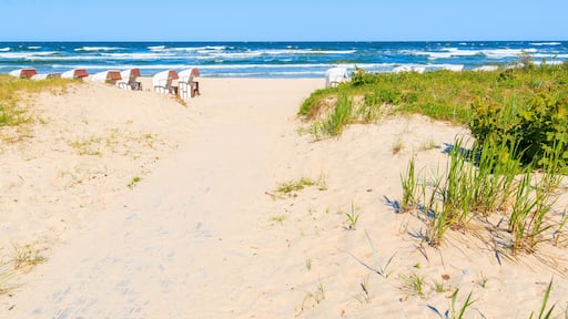 Traditional wicker chairs on sandy beach in Baabe town, Ruegen island, Baltic Sea, Germany