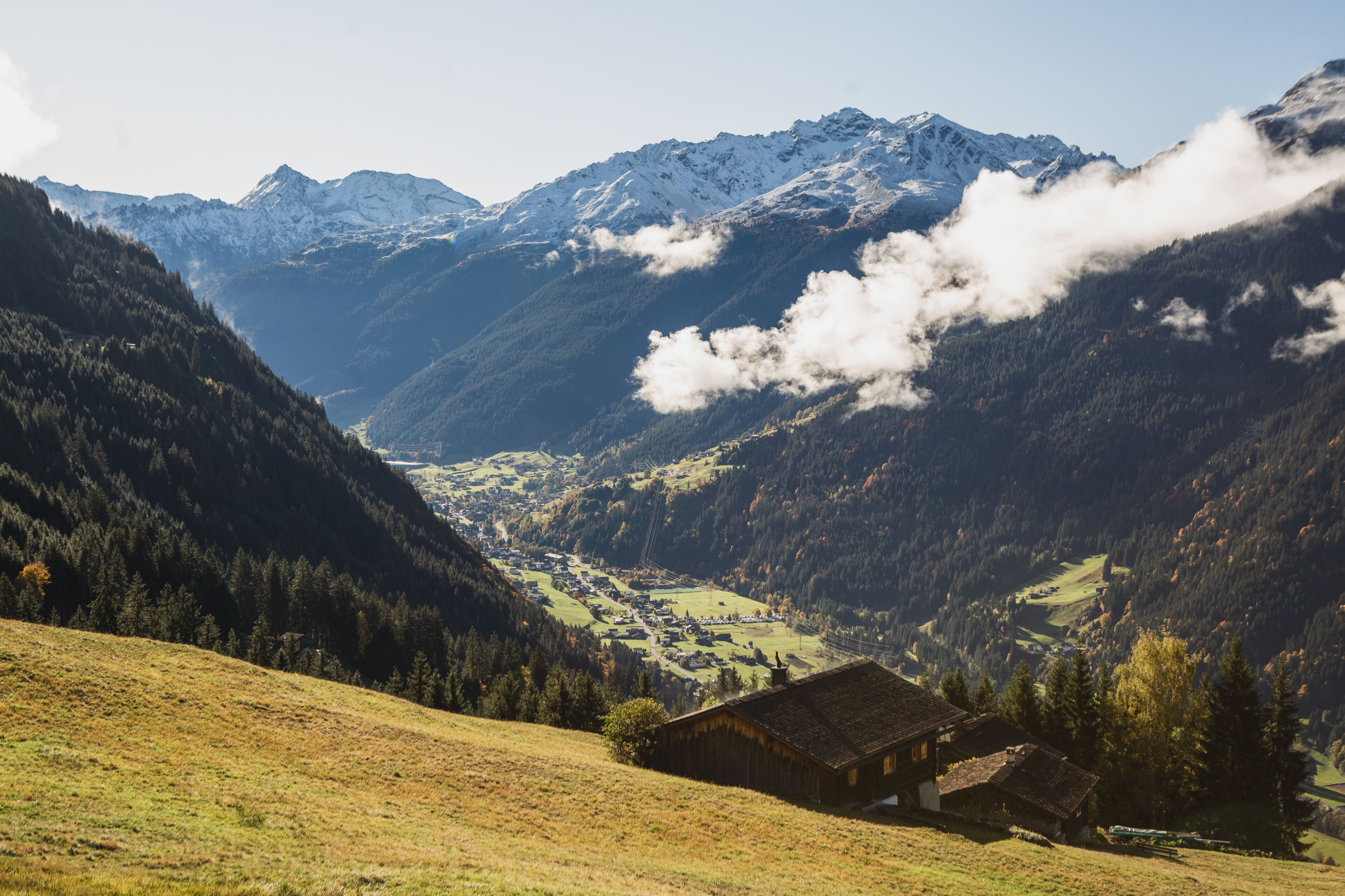 A valley with a wooden cabin, snow-capped mountains, and a forested hillside.