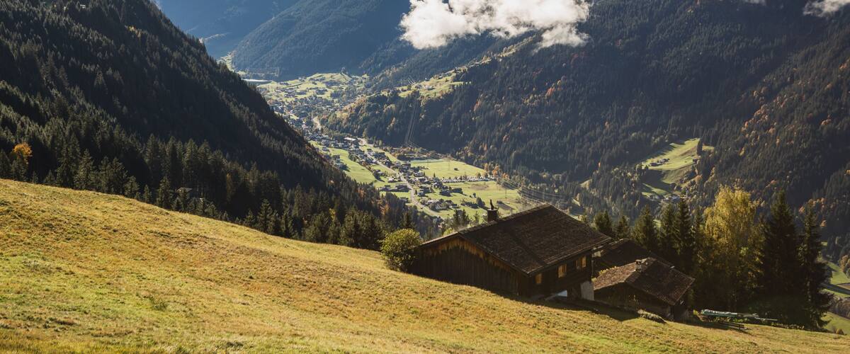 A valley with a wooden cabin, snow-capped mountains, and a forested hillside.