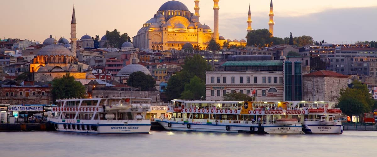 A cityscape with a prominent mosque with multiple domes and minarets, surrounded by urban buildings and a waterfront with boats.
