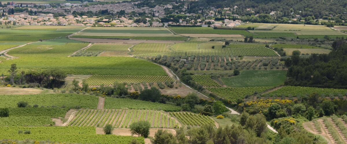 Panorama in South direction at Calvisson and its hills West of it