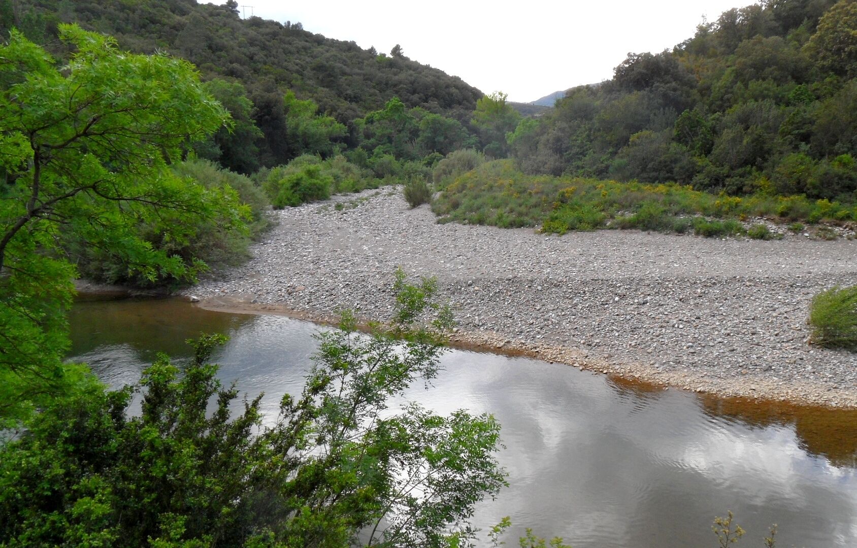 A river with a rocky bed, surrounded by dense greenery and hills.
