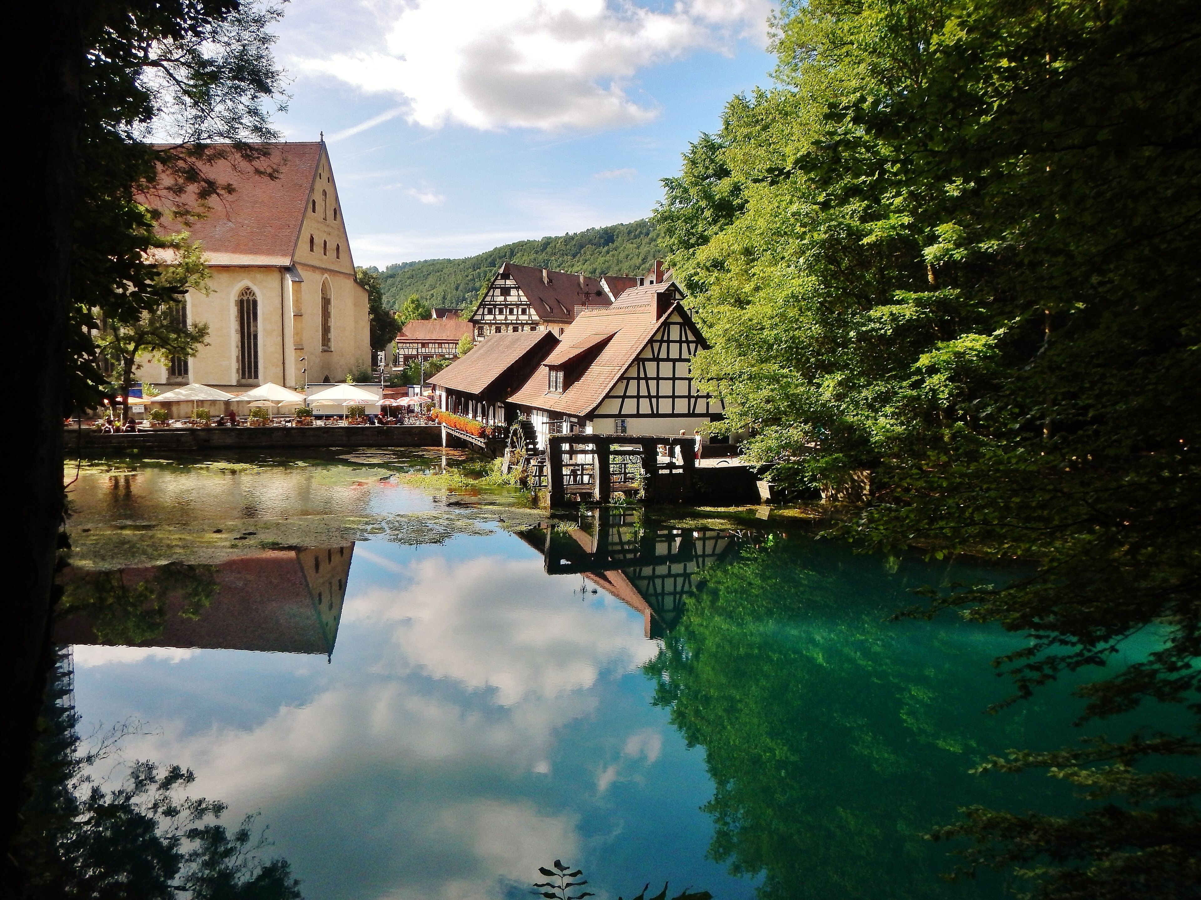 A riverside town with traditional buildings, a church, and lush greenery.