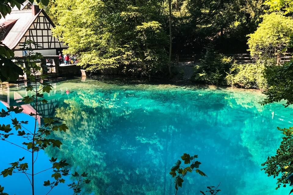 Una piscina cristallina blu circondata da vegetazione lussureggiante e un edificio dal fascino tradizionale.