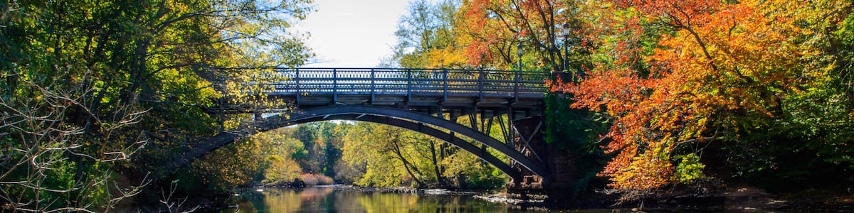 A stone bridge over a calm river, surrounded by autumn foliage.