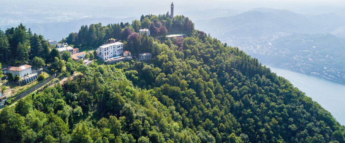 A mountainous landscape with a dense forest, a prominent tower, and several buildings on a hill.