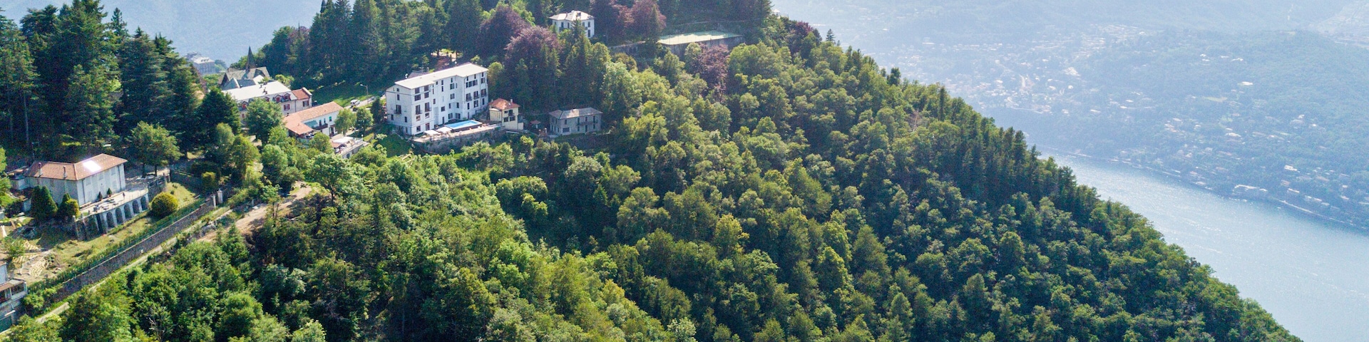 A mountainous landscape with a dense forest, a prominent tower, and several buildings on a hill.