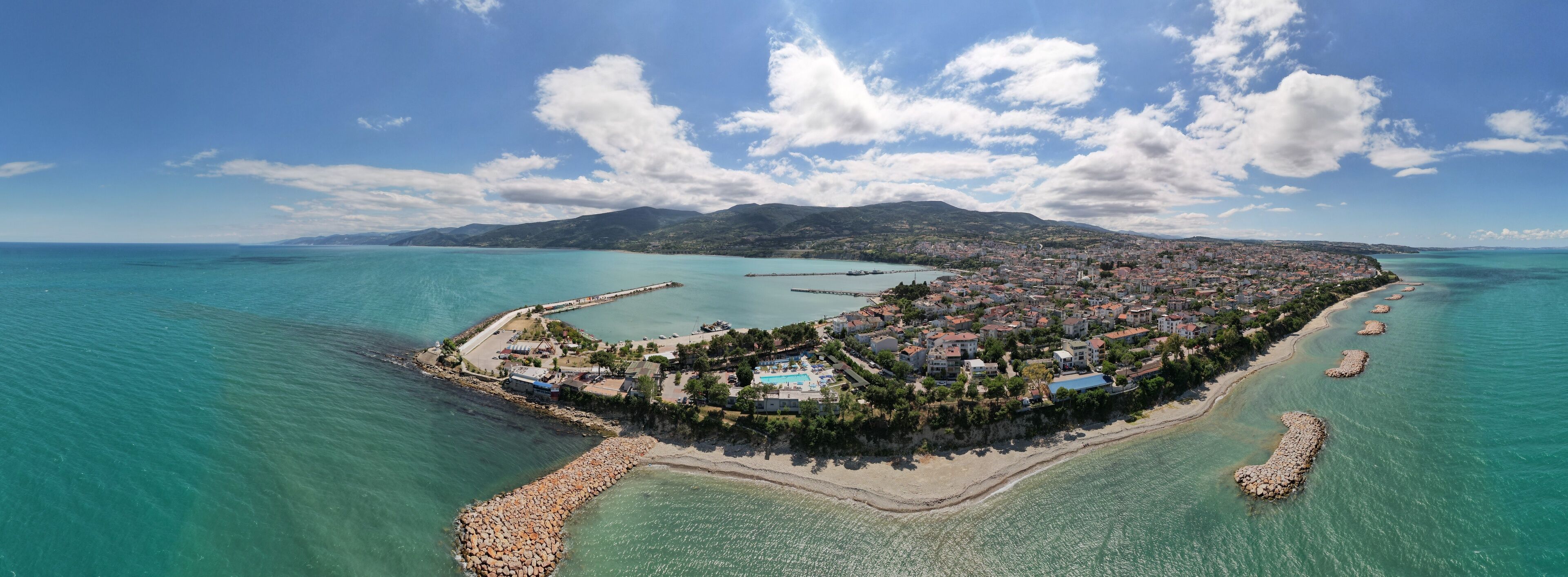 Aerial view of Gerze, one of Turkey's charming towns. Aerial shot of the town. Gerze, Sinop, Turkey