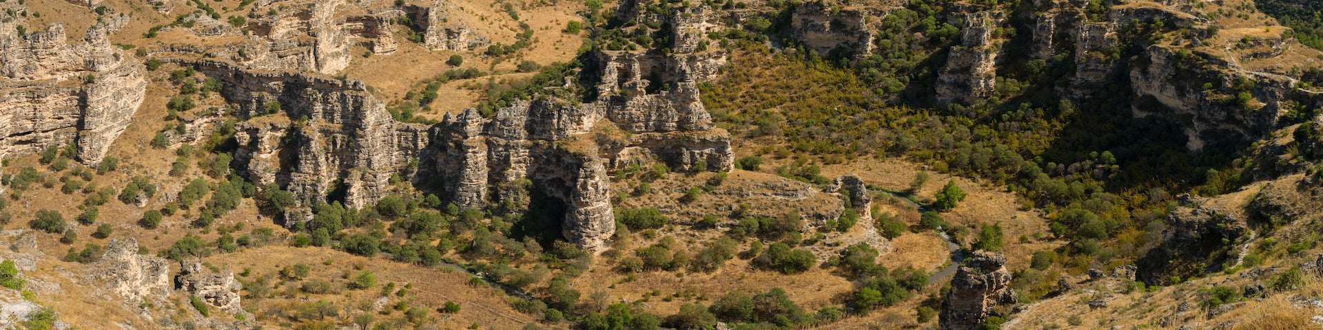 Panoramic view of Ulubey canyon from the observation deck. It is the second longest canyon in the world. Turkey travel destinations. Usak province, Türkiye