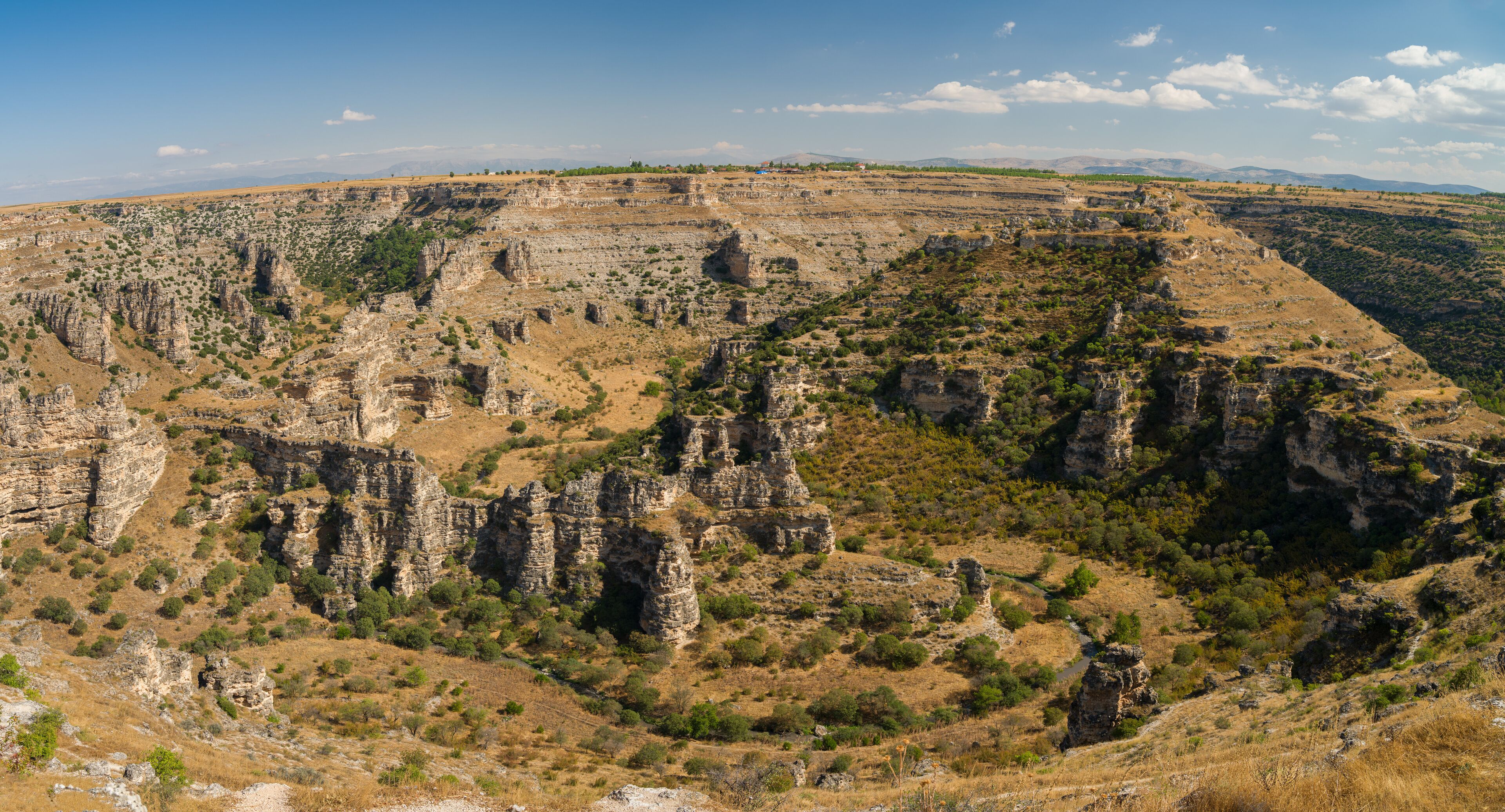 A rugged canyon landscape with rocky formations and sparse vegetation.