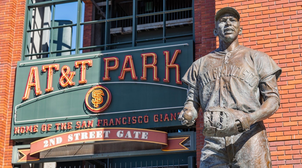 Oracle Park showing a statue or sculpture and signage