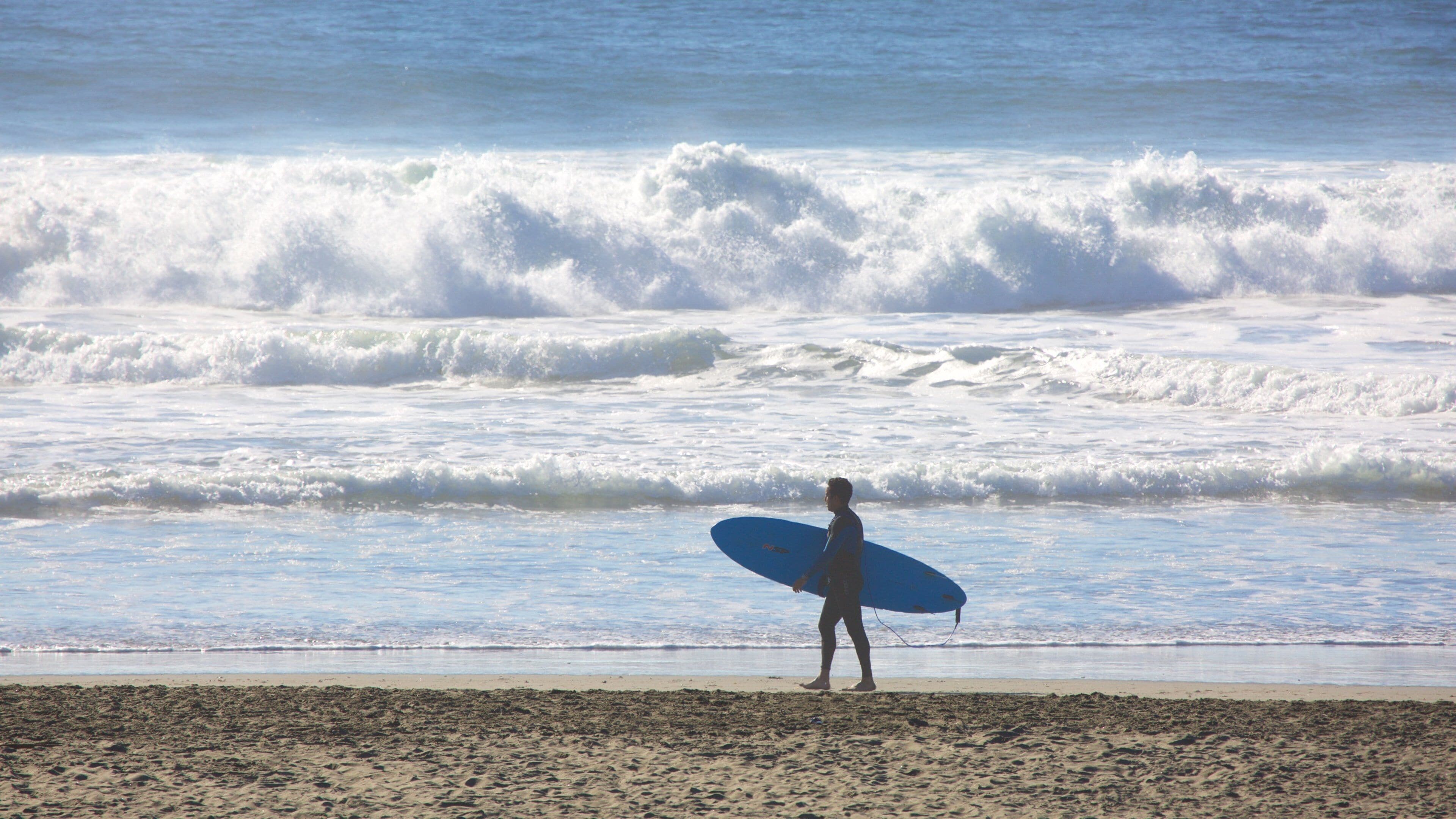 Ocean Beach caratteristiche di spiaggia sabbiosa, vista della costa e surf