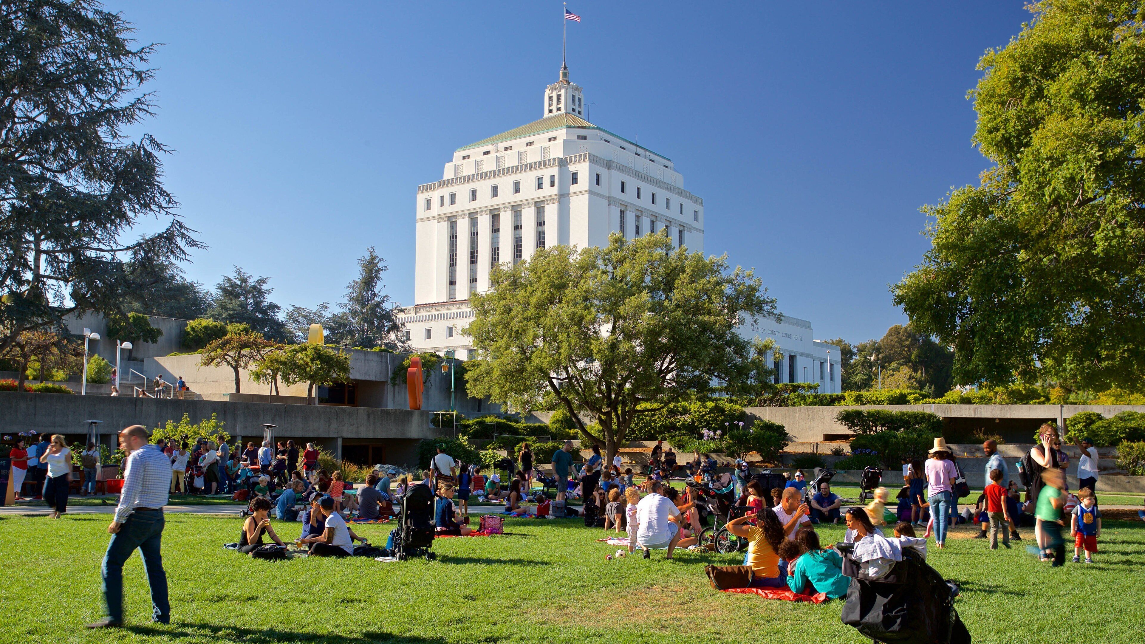 Oakland Museum of California showing a garden as well as a large group of people