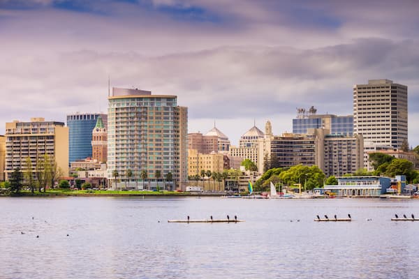 Downtown Oakland as seen from across Lake Merritt on a cloudy spring day, San Francisco bay area, California