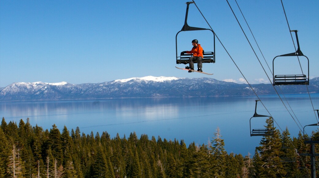 Homewood Mountain Resort which includes snow, a gondola and a lake or waterhole