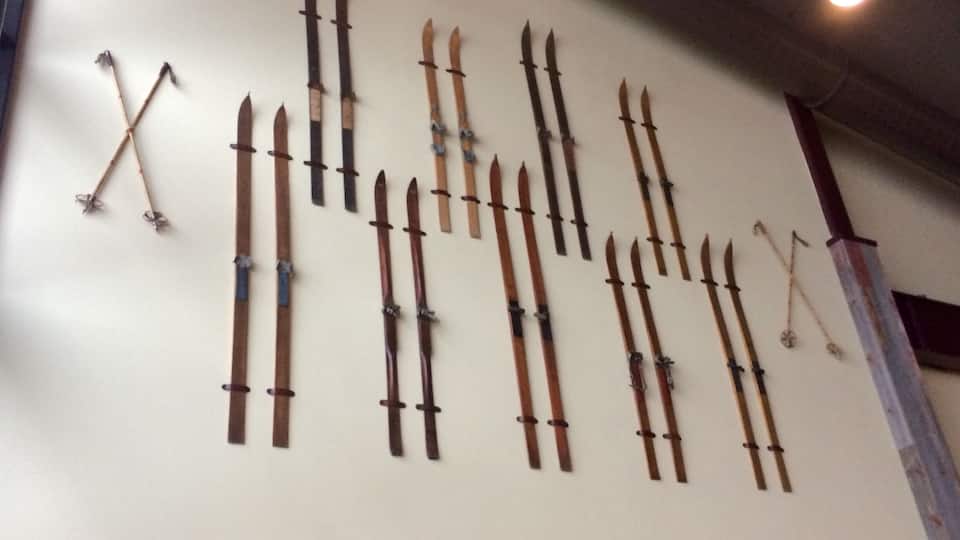 Antique ski wall in the Zephyr lounge. Imagine cruising around on those gems.