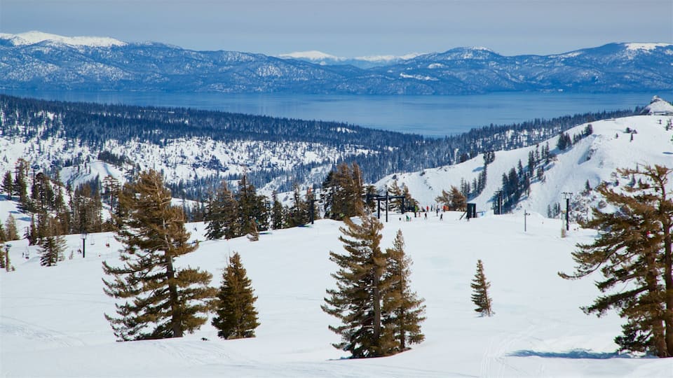 A snowy mountain landscape with a ski lift, trees, and a lake in the background.