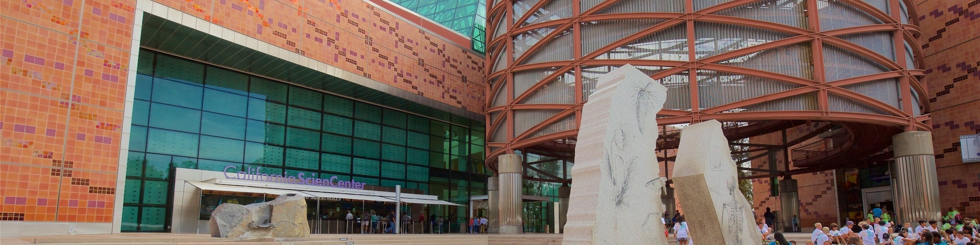 California Science Center que inclui arte ao ar livre assim como um pequeno grupo de pessoas