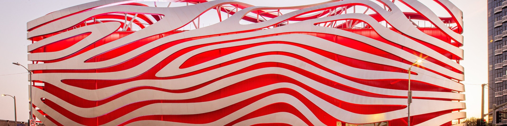 Petersen Automotive Museum which includes modern architecture and street scenes