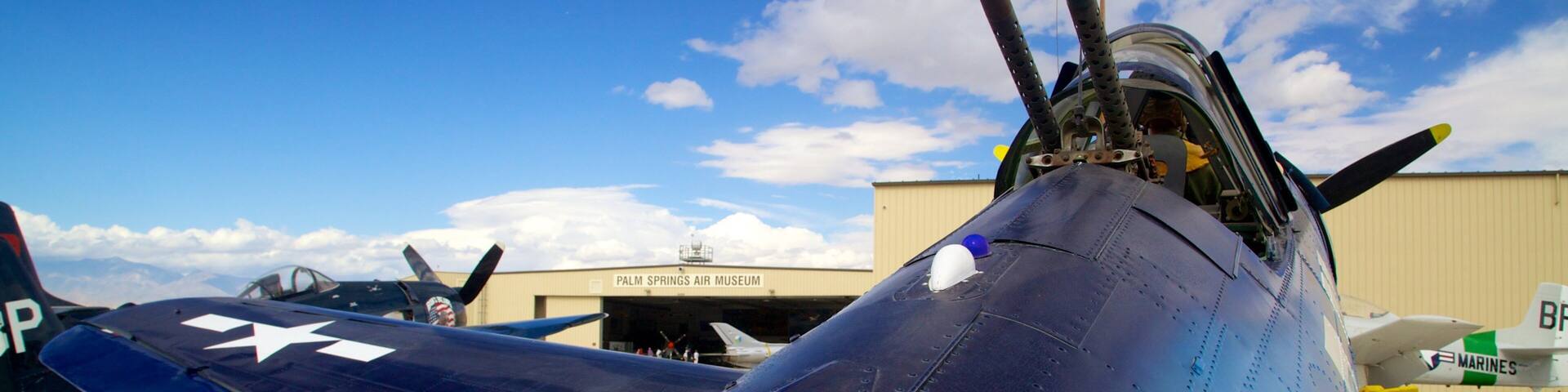 A close-up of a vintage aircraft's wing and tail, with a clear view of the Palm Springs Air Museum in the background.
