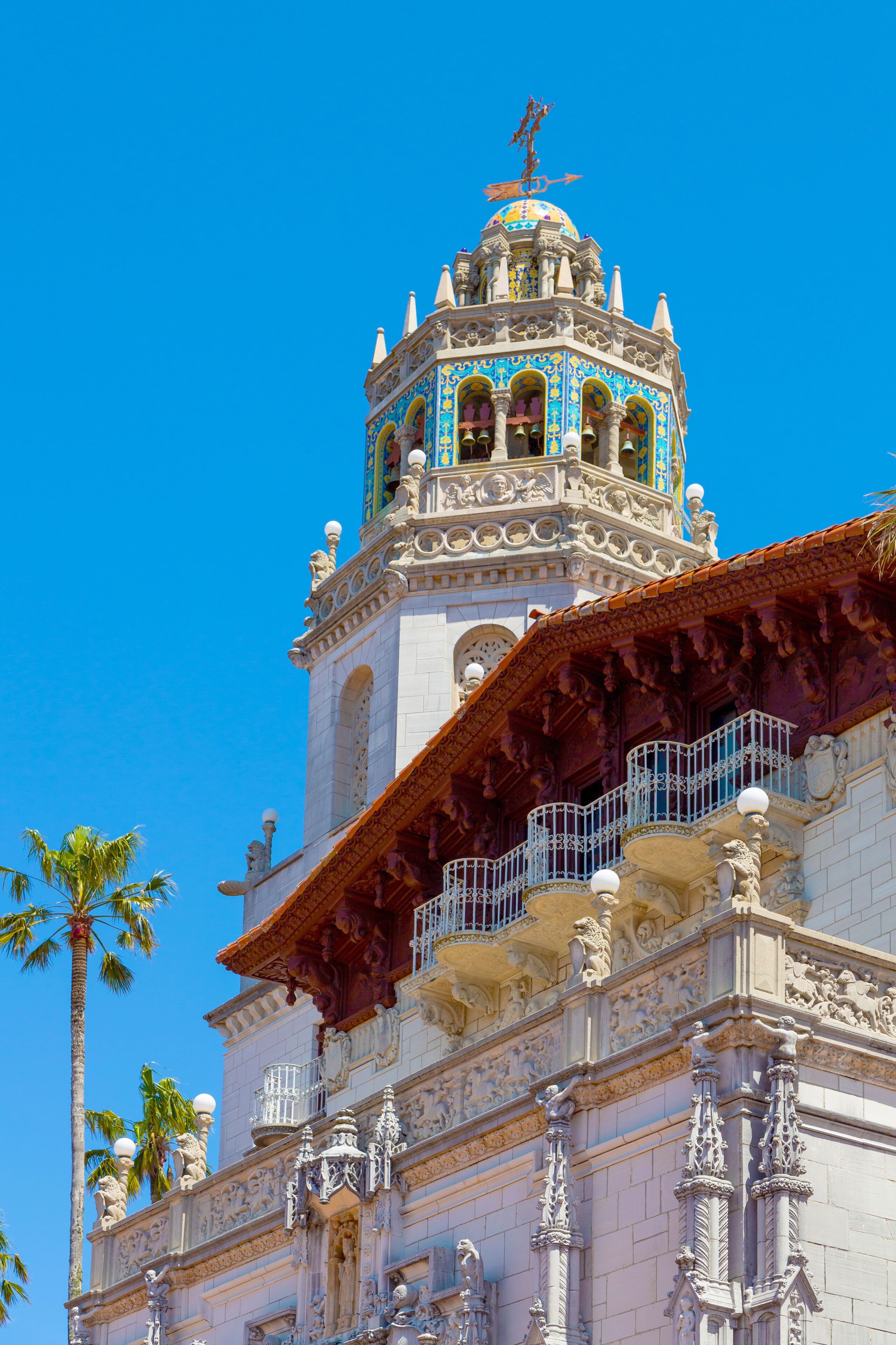 Hearst Castle, California, USA - April 2017: Tower of the Hearst Castle in San Simeon. Looking up to one of towers of Casa Grande, Hearst Castle. Landmarks of California in America