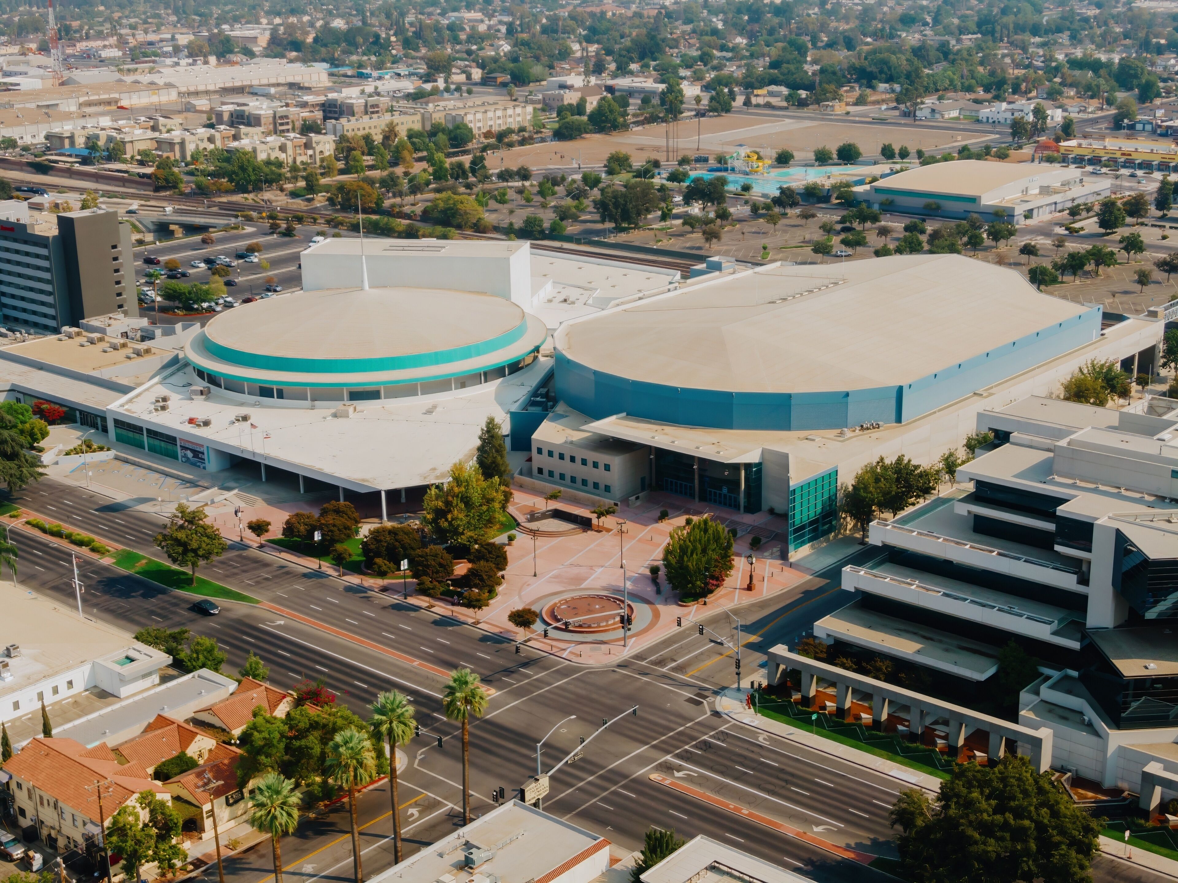 Aerial view of Mechanics Bank Arena, a theater and convention center, in Bakersfield, California, USA. The arena hosts events and conventions.
