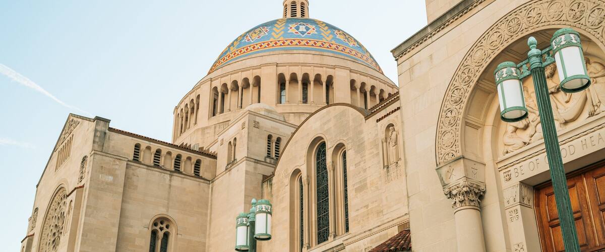 Basilica of the National Shrine of the Immaculate Conception showing a church or cathedral and heritage architecture