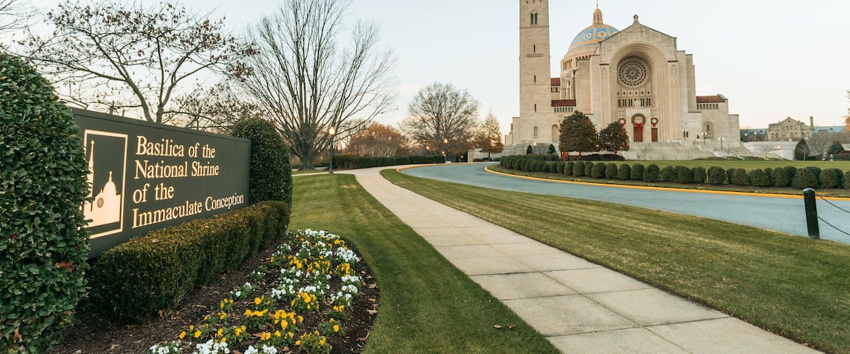 Basilica of the National Shrine of the Immaculate Conception featuring a church or cathedral, heritage architecture and signage