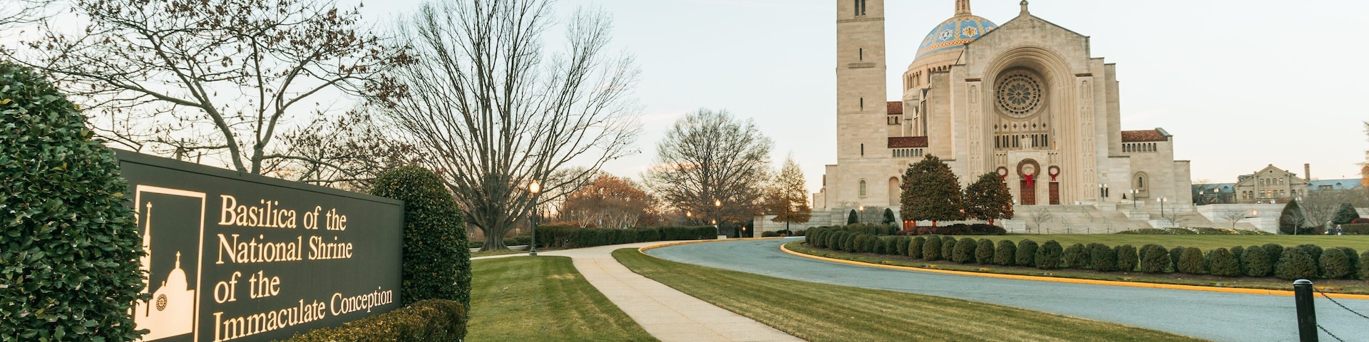 Basilica of the National Shrine of the Immaculate Conception featuring a church or cathedral, heritage architecture and signage