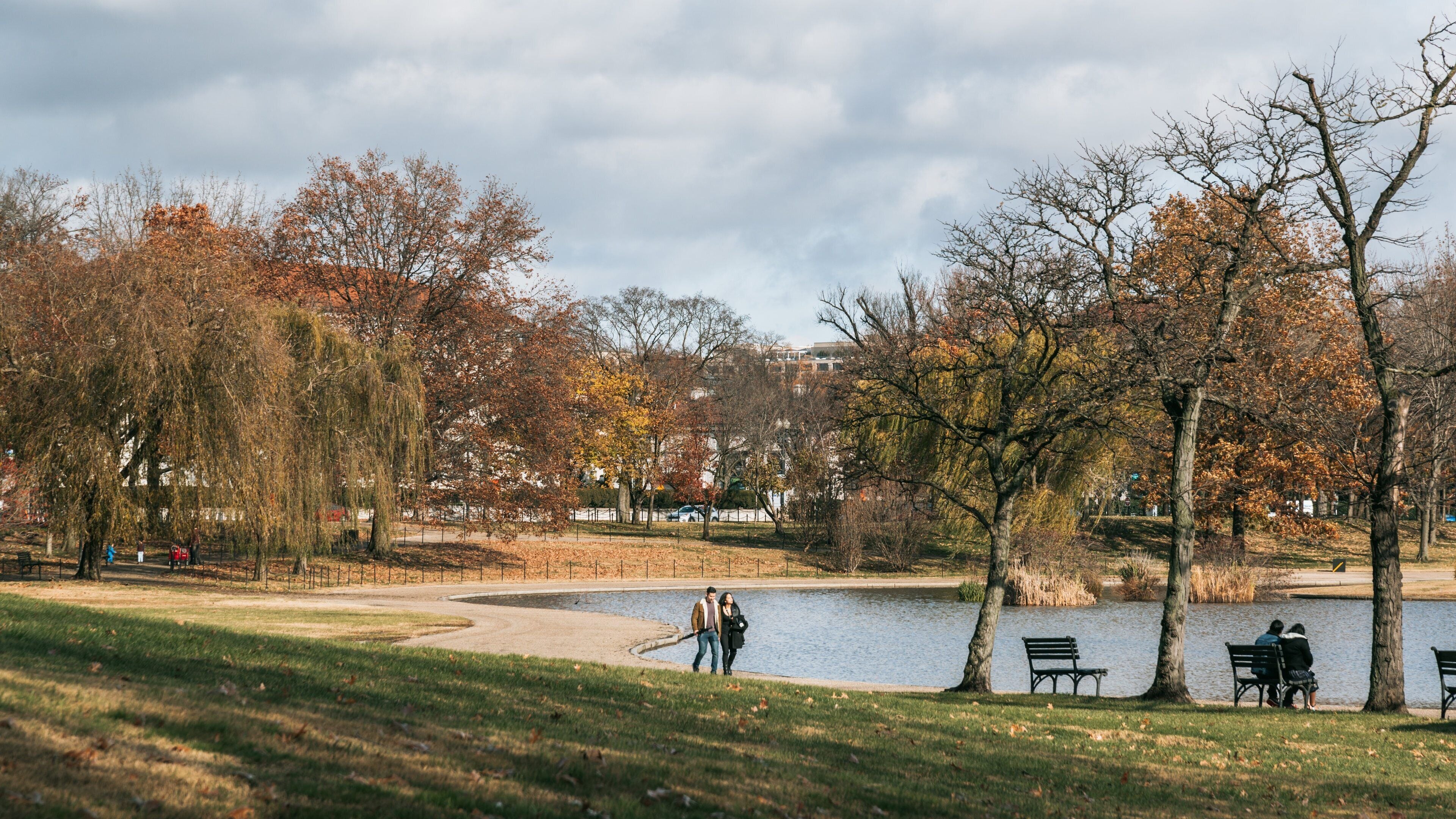 Constitution Gardens featuring a pond and a garden as well as a couple
