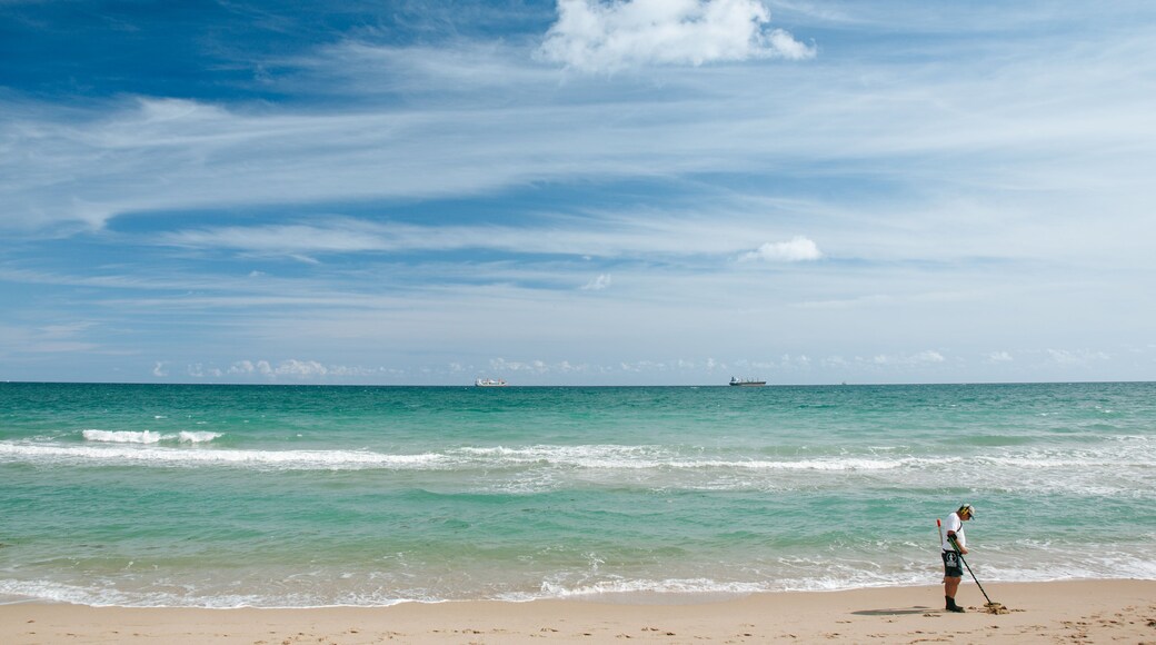 Hugh Taylor Birch State Park featuring a beach and general coastal views as well as an individual male