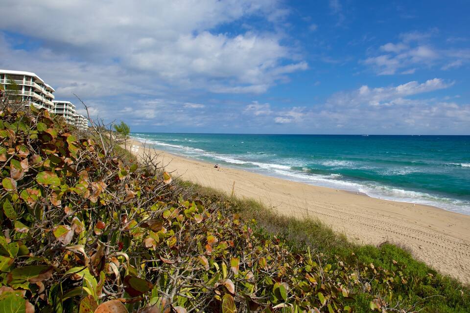 A beach with ocean waves, a sandy shore, and a building in the background.
