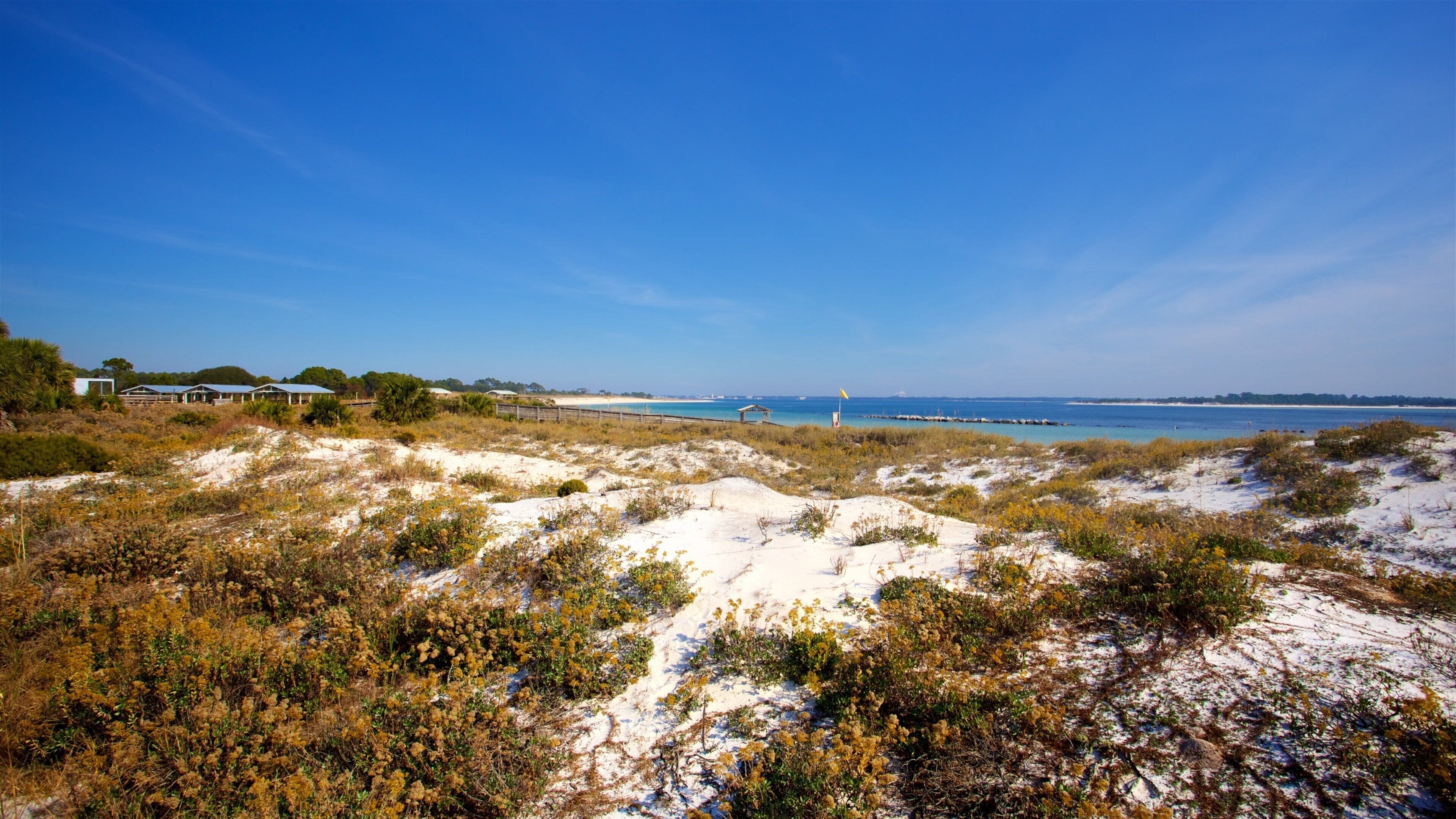 Een kustlandschap met duinen, schaarse begroeiing en een helderblauwe lucht.