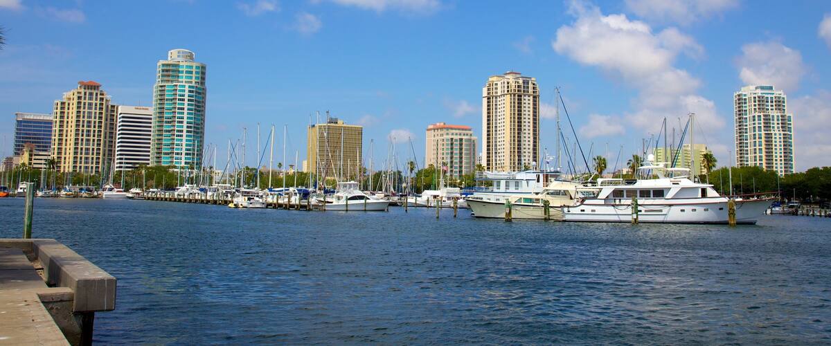 Demens Landing Park showing a bay or harbor, a high rise building and skyline