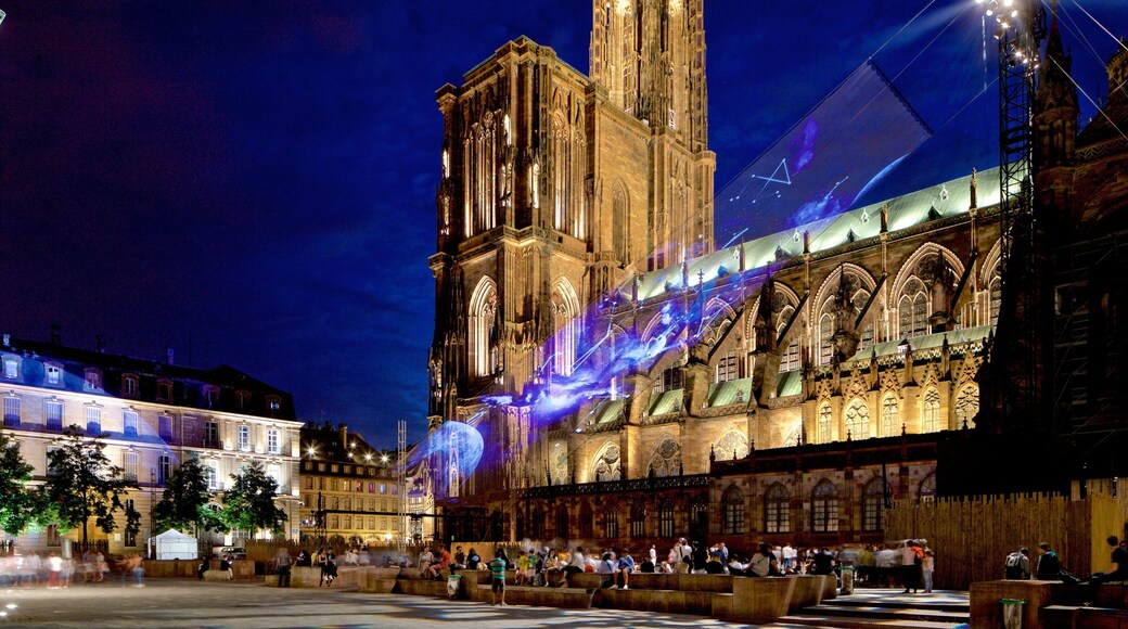Our Lady of Strasbourg Cathedral showing heritage architecture, night scenes and a church or cathedral