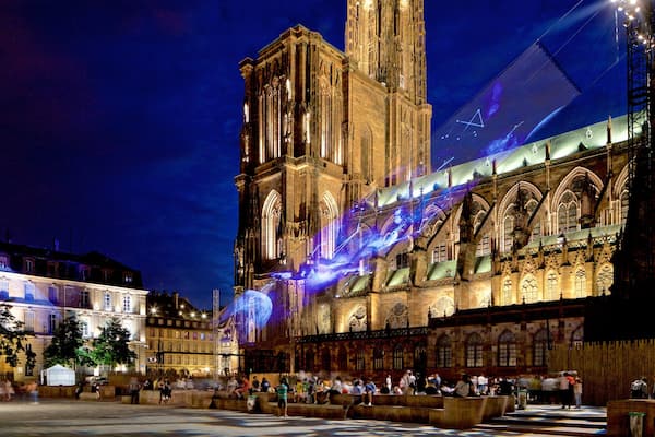 Our Lady of Strasbourg Cathedral showing heritage architecture, night scenes and a church or cathedral
