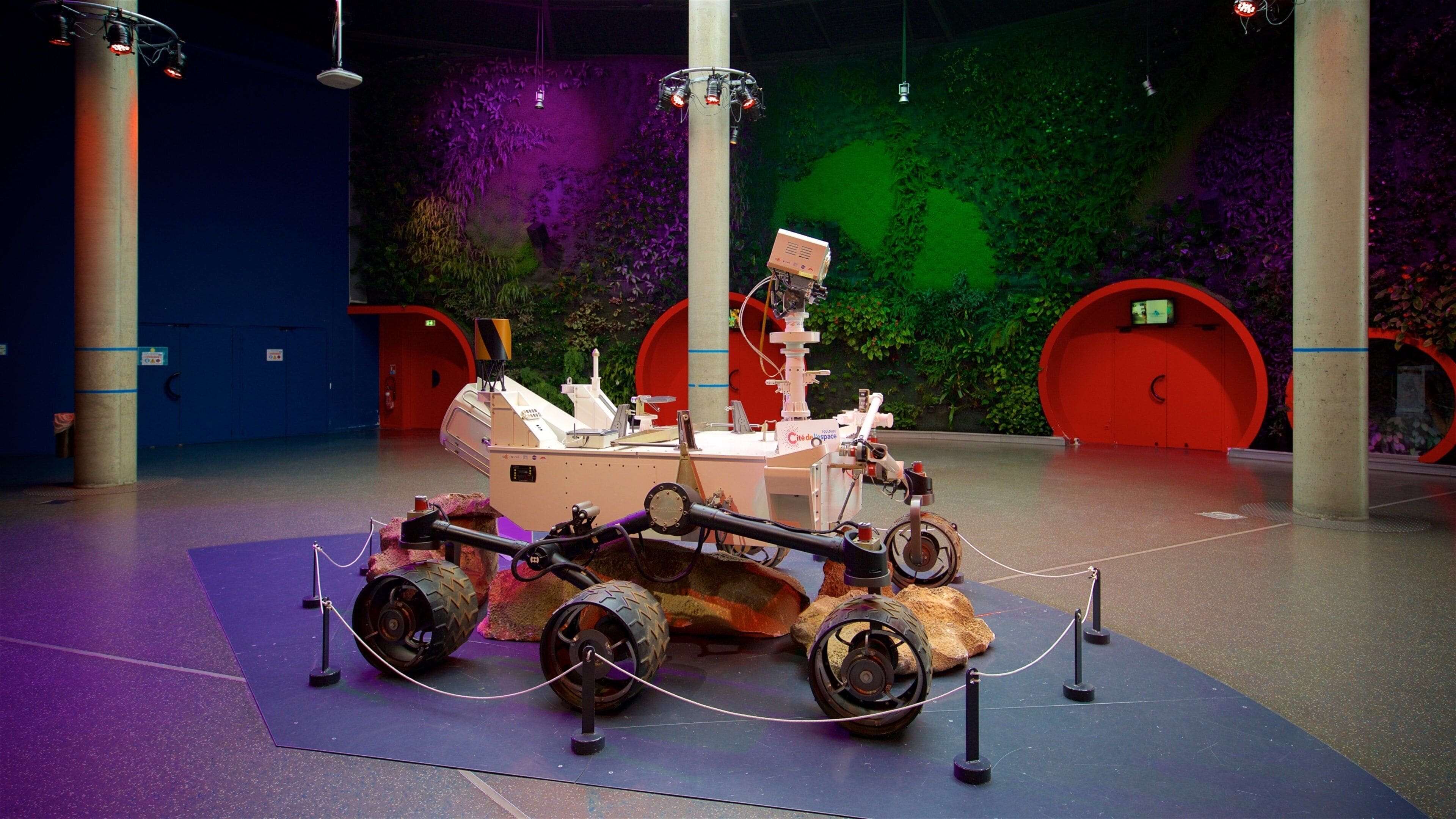A Mars rover model displayed in an indoor exhibit with a green and purple wall background.