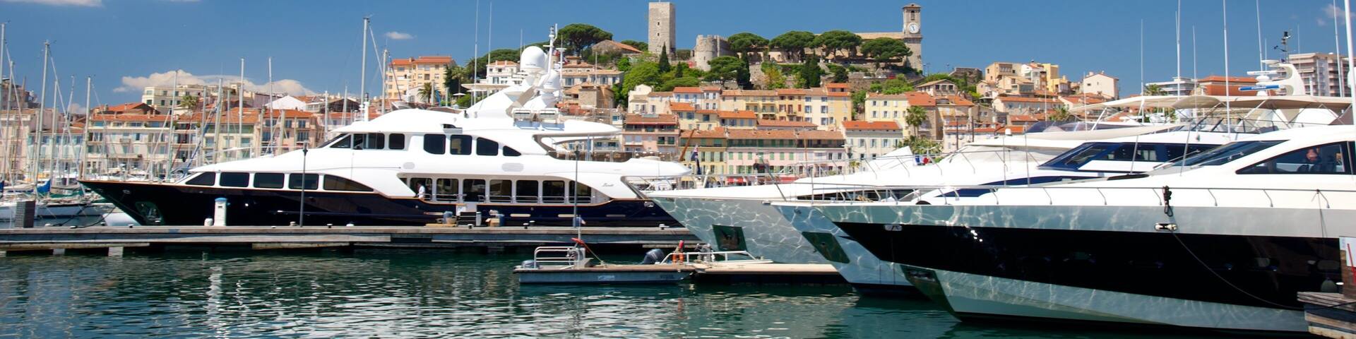 A marina with yachts docked, a historic town with a castle in the background, and clear blue skies.