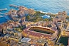 Fontvieille colorful waterfront and AS Monaco stadium aerial view