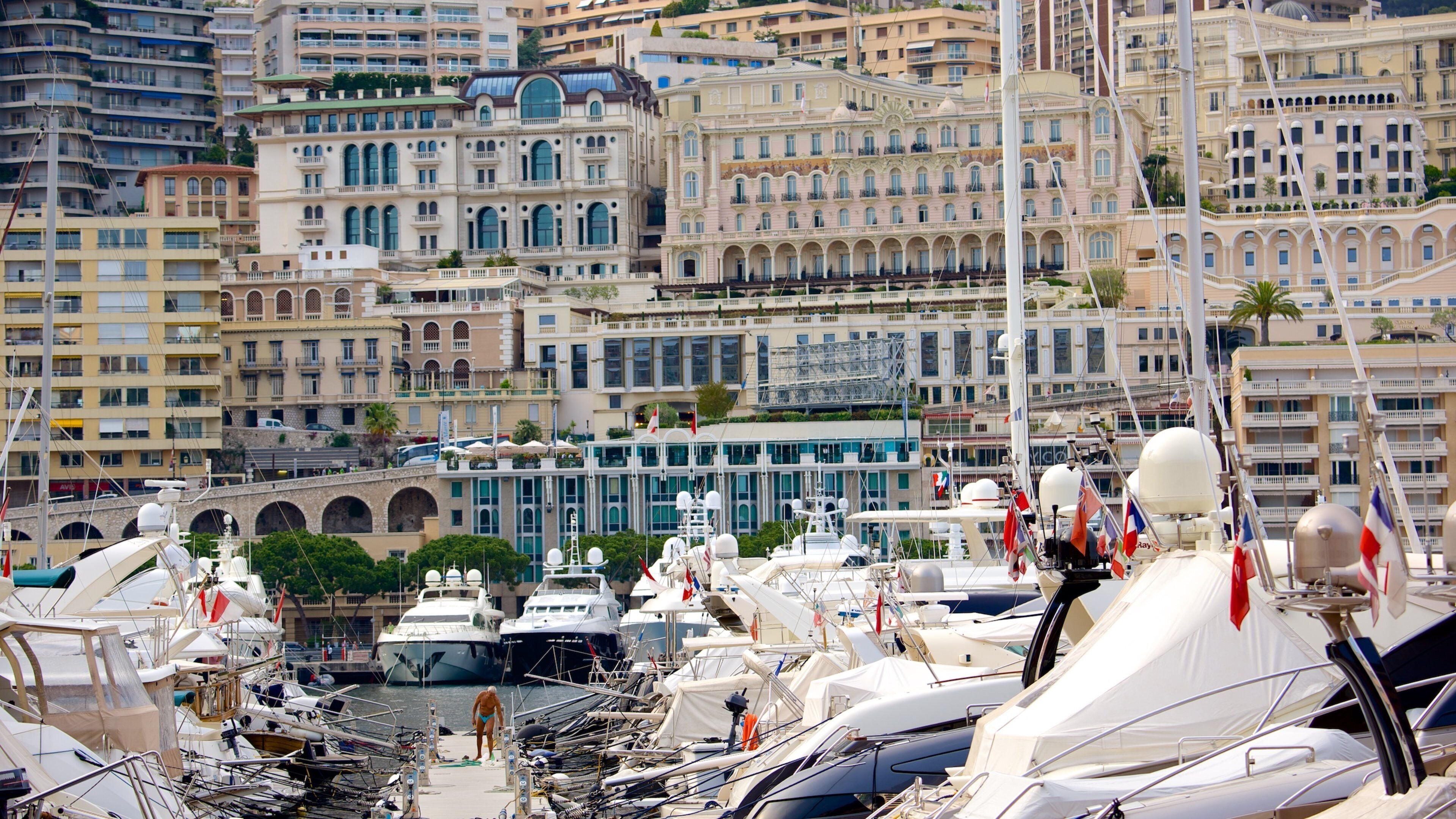 Monaco Harbour showing a city and a bay or harbor