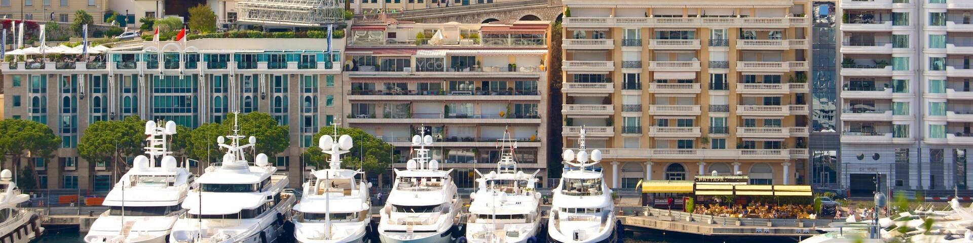 Monaco Harbour showing a coastal town, a city and a bay or harbor