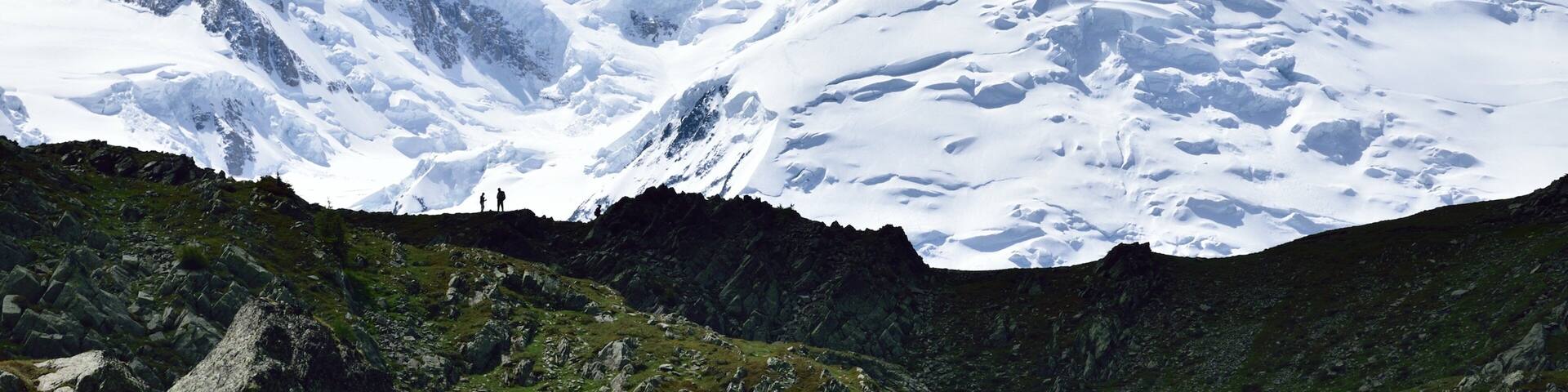A snow-covered mountain range with rocky outcrops and patches of greenery.