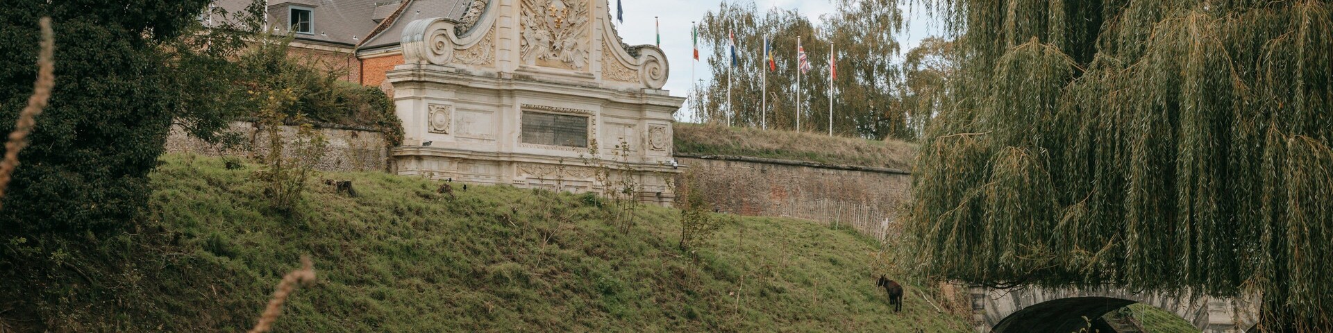 Un edificio histórico con arquitectura ornamentada, una colina cubierta de césped y un sauce llorón.