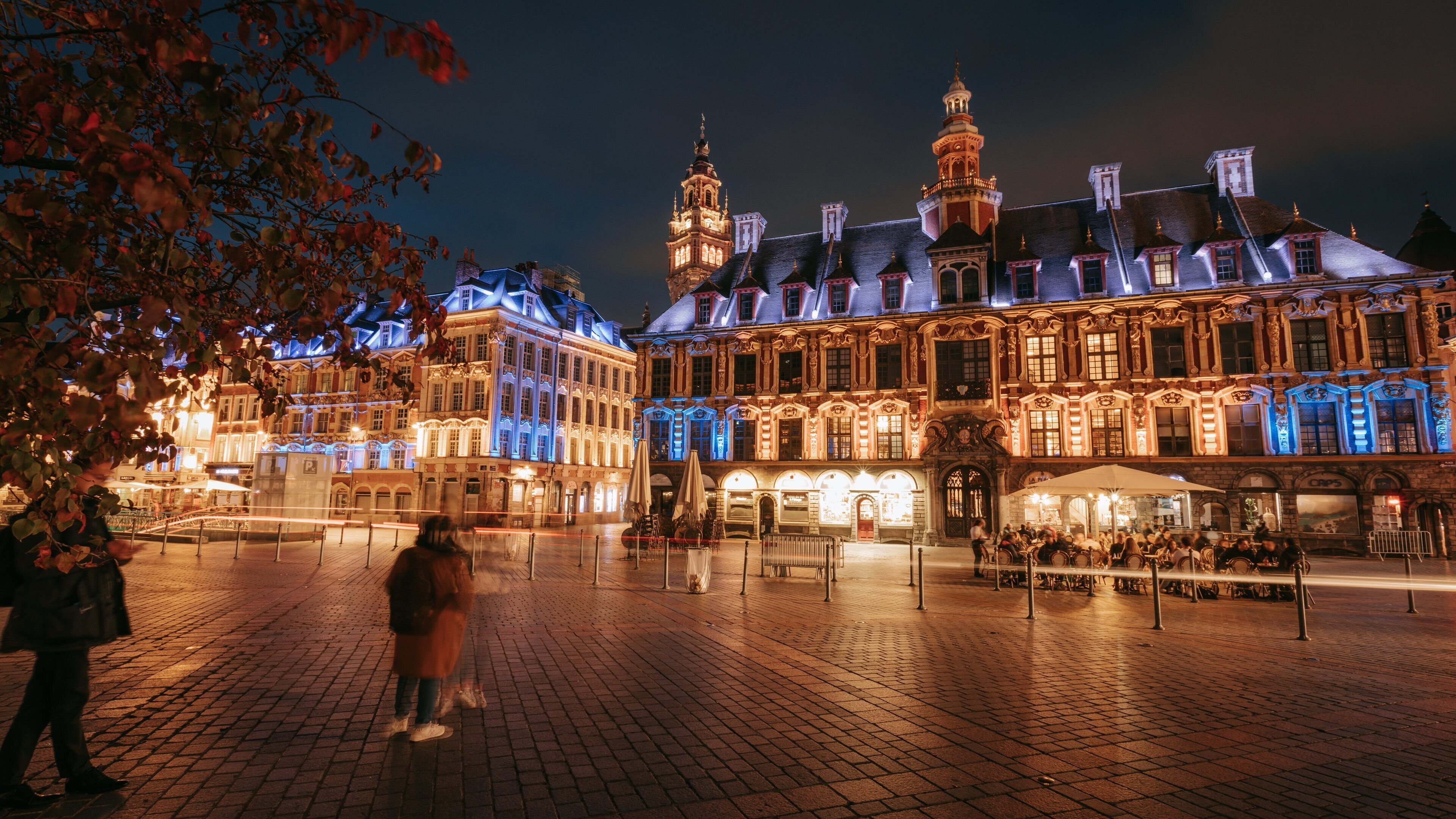 Lille Grand Square showing a city, night scenes and heritage architecture