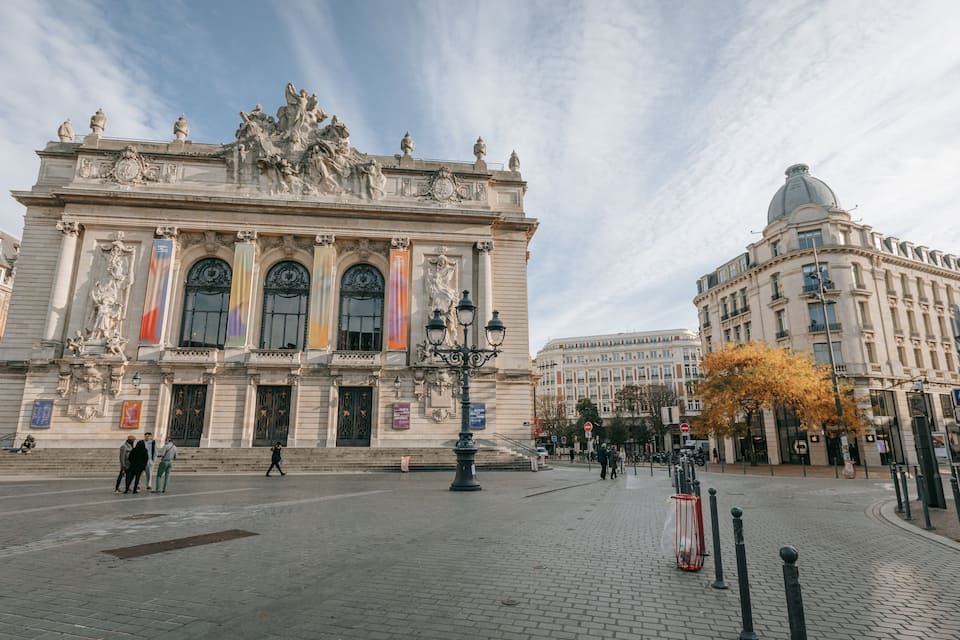 Un edifici històric amb escultures ornamentals i columnes, una plaça empedrada i un gran arbre amb fulles d'automn.