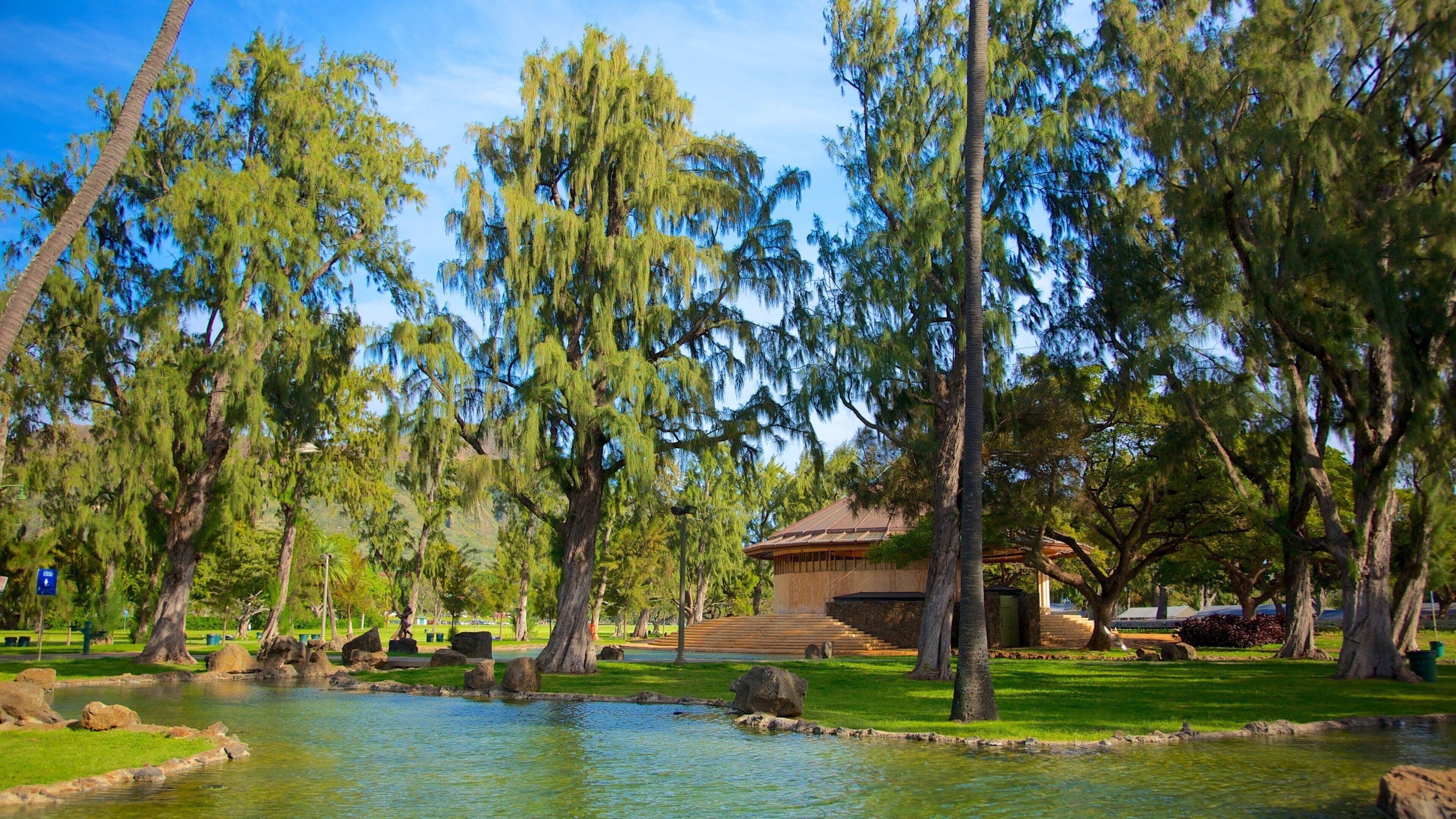 Kapiolani Park showing a pond, landscape views and a garden