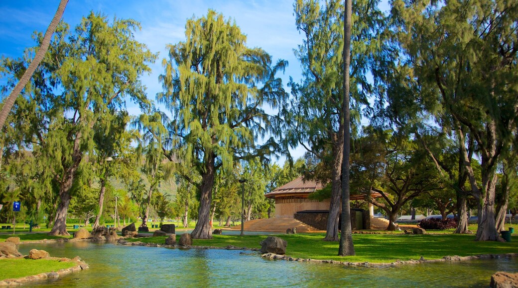 Kapiolani Park showing a pond, landscape views and a garden
