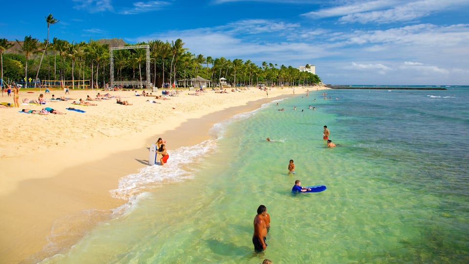 A beach with clear turquoise water, people swimming and sunbathing, and palm trees lining the shore.