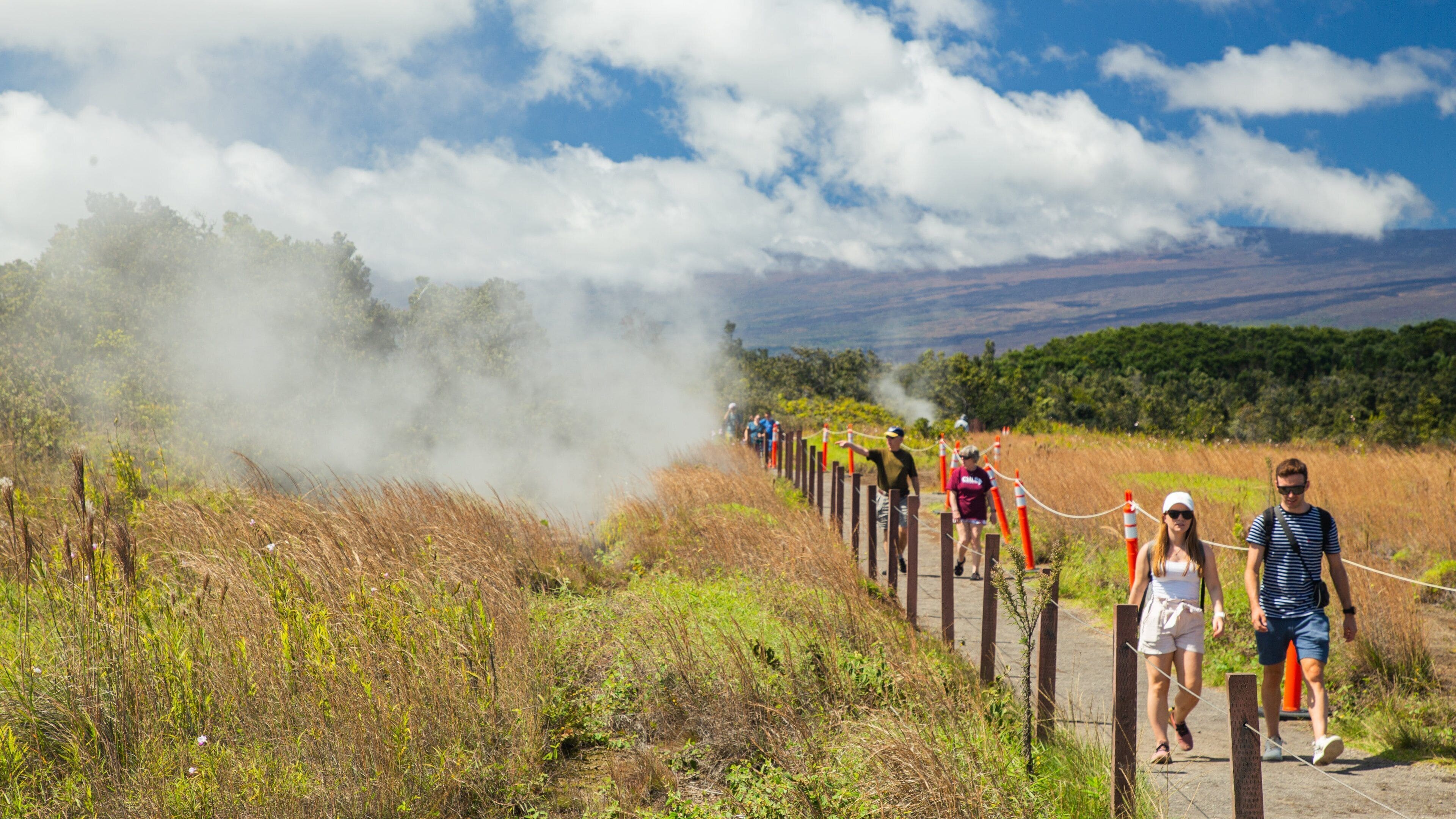 Hawaii Volcanoes National Park which includes tranquil scenes and mist or fog as well as a couple